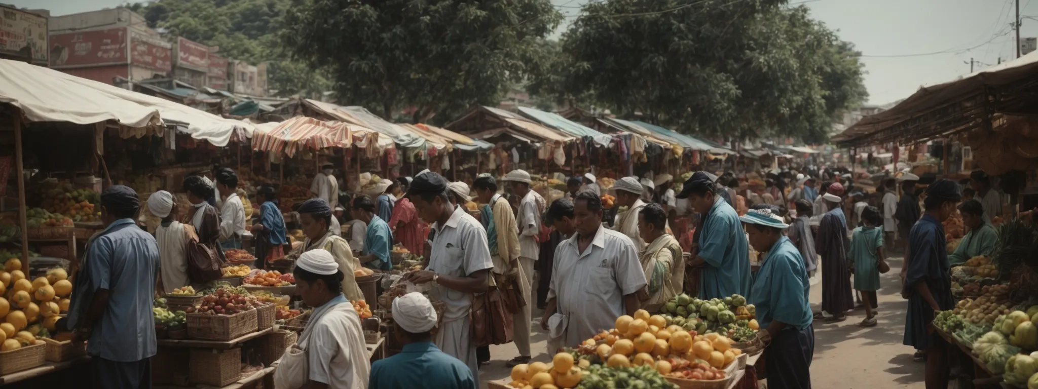 a bustling local market with vendors engaging with community members.