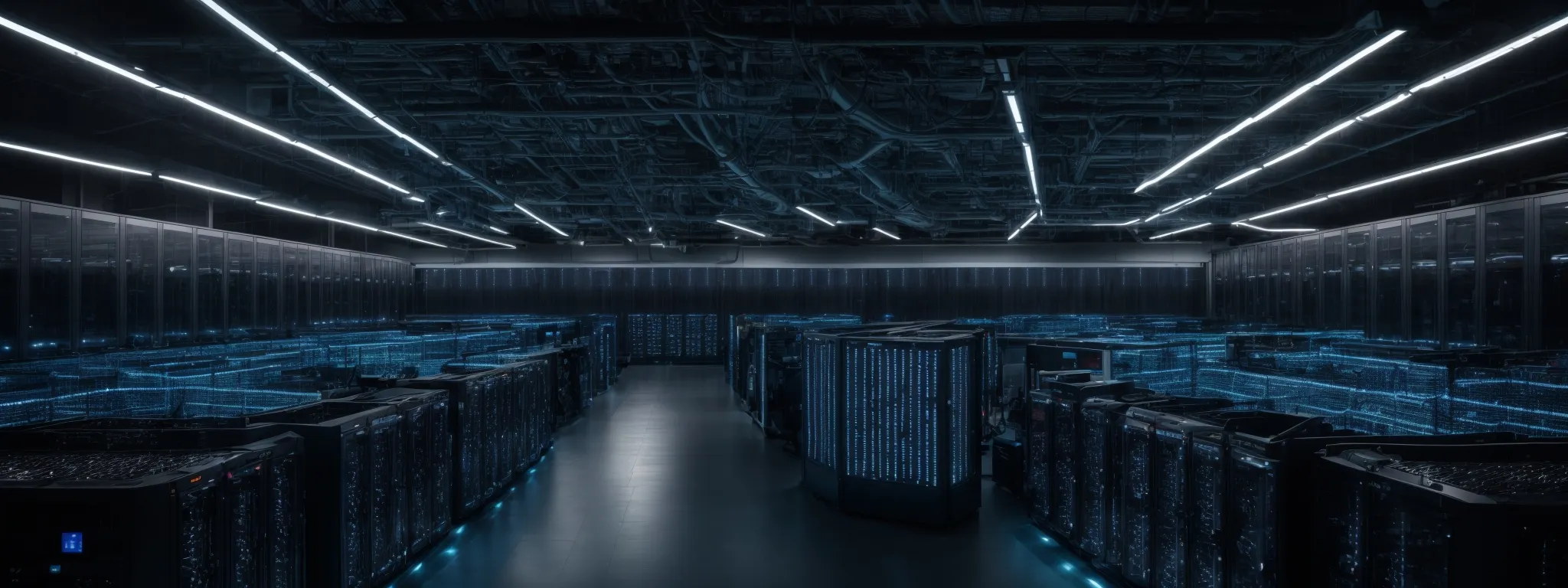 a vast data center with an array of servers and led lights symbolizing the technical backbone of enterprise seo strategies.