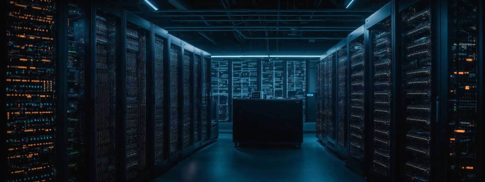 a server room with rows of computers and blinking lights, symbolizing data processing and machine learning algorithms at work.