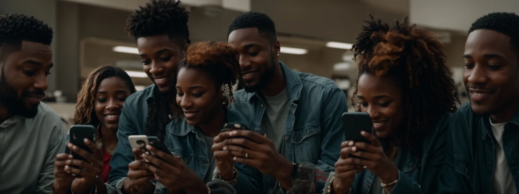 a group of diverse people excitedly looking at their smartphones, with notifications and likes floating around them.