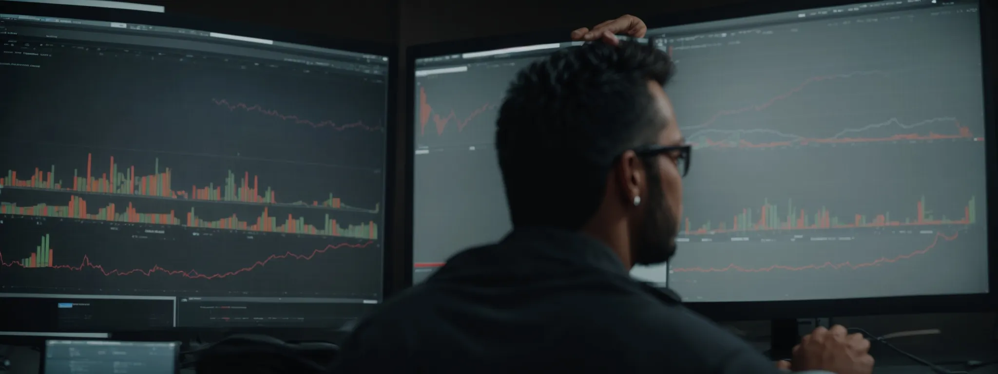 a focused individual analyzes a series of graphs and charts on a large monitor, reflecting a deep dive into seo performance metrics.