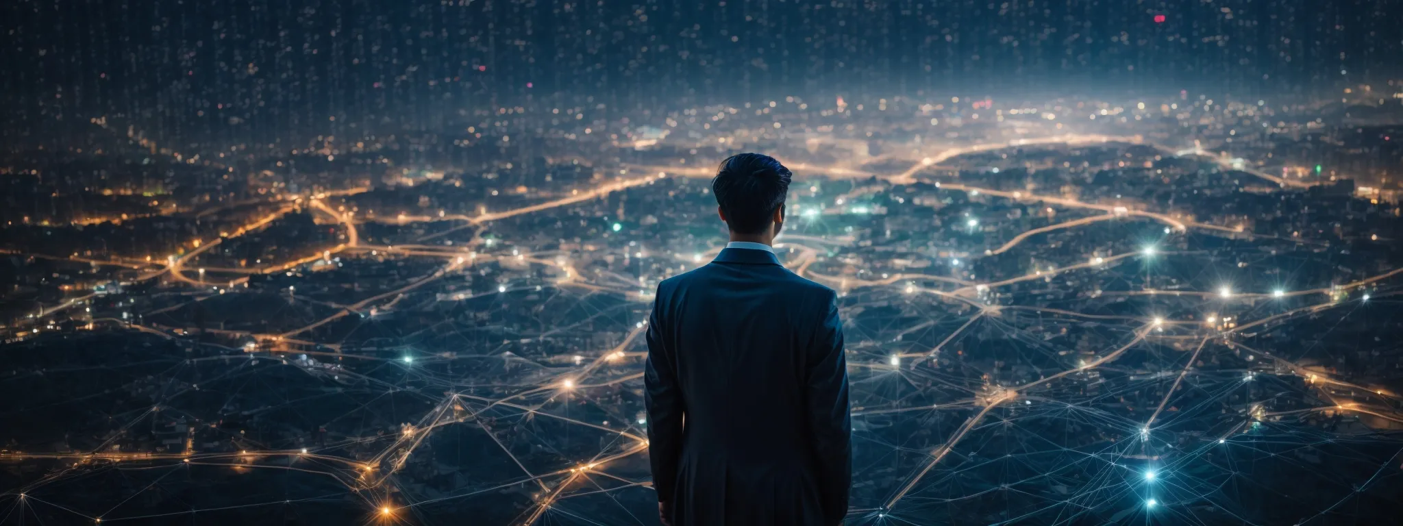 a person overlooking a vast network of interconnected digital nodes symbolizing data analytics and seo strategy in the telecommunications industry.