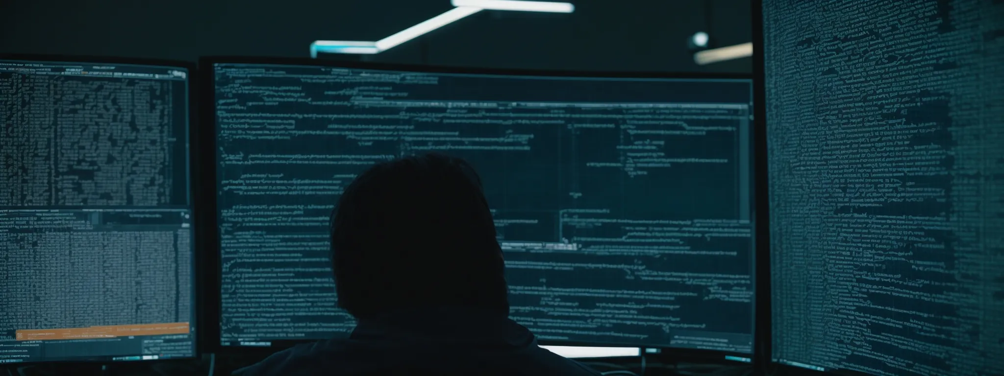 a web developer scrutinizes lines of javascript code on a computer screen reflecting the complex navigation pathways of seo strategies.
