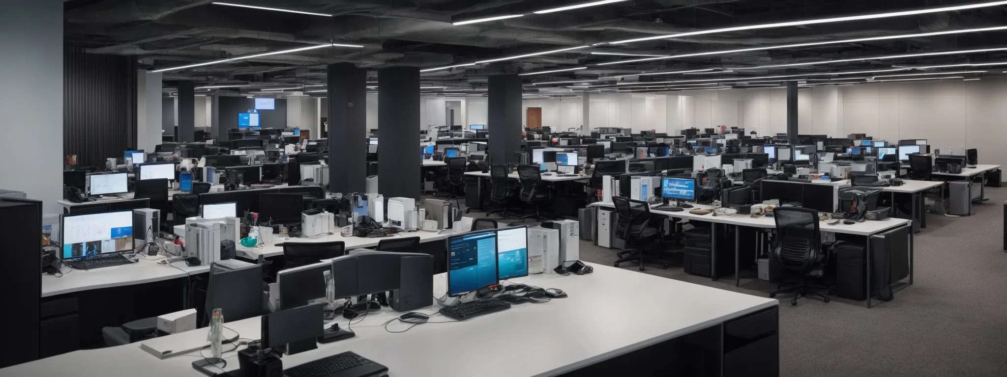 a panoramic view of a modern office with computers lined up where digital marketing professionals analyze search engine results and strategies.