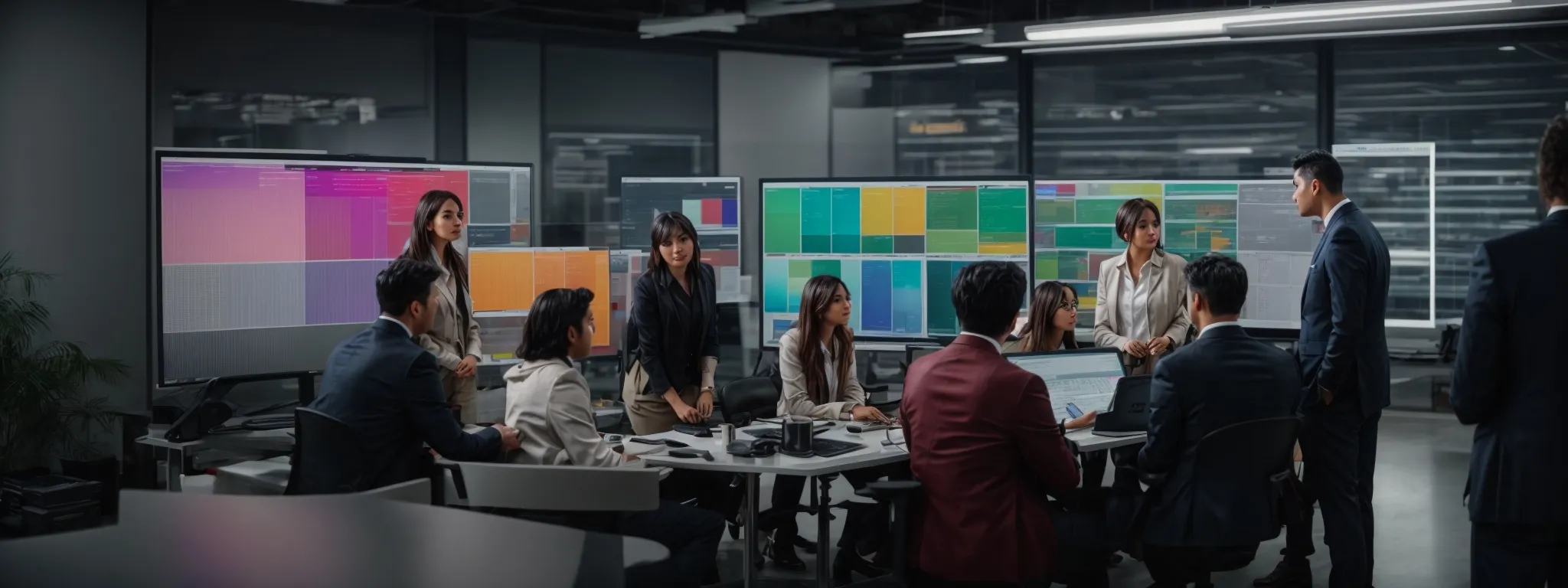 a group of professionals gathered around a large monitor, closely analyzing and discussing a colorful comparison chart of workflow software features.