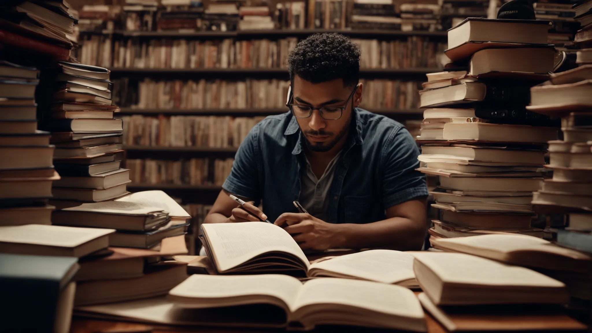 a focused individual sits before a laptop, surrounded by books and notes, brainstorming ideas.