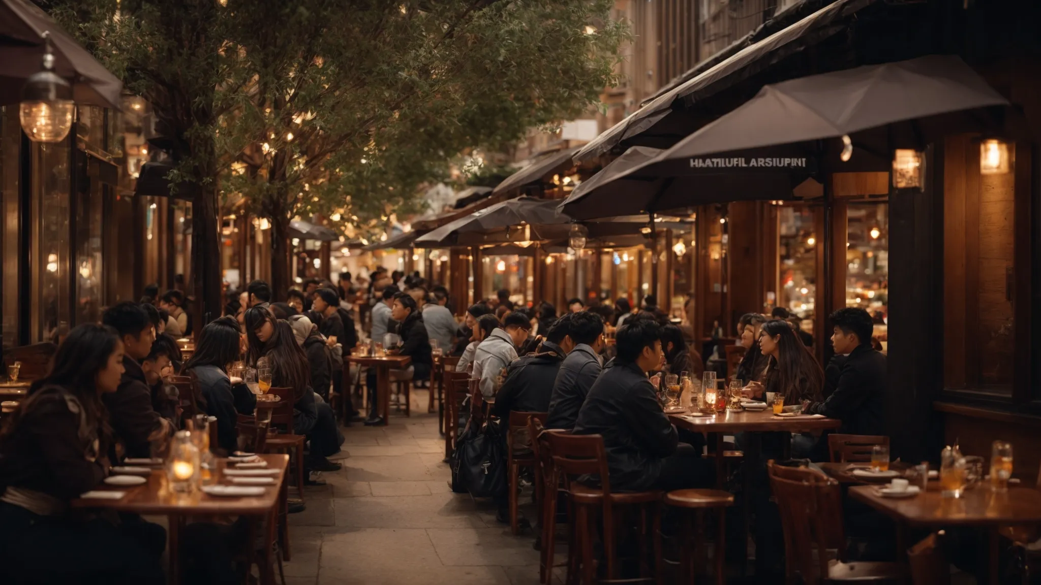 a bustling street-view of diverse eateries with visible outdoor seating and patrons dining under warm lighting.