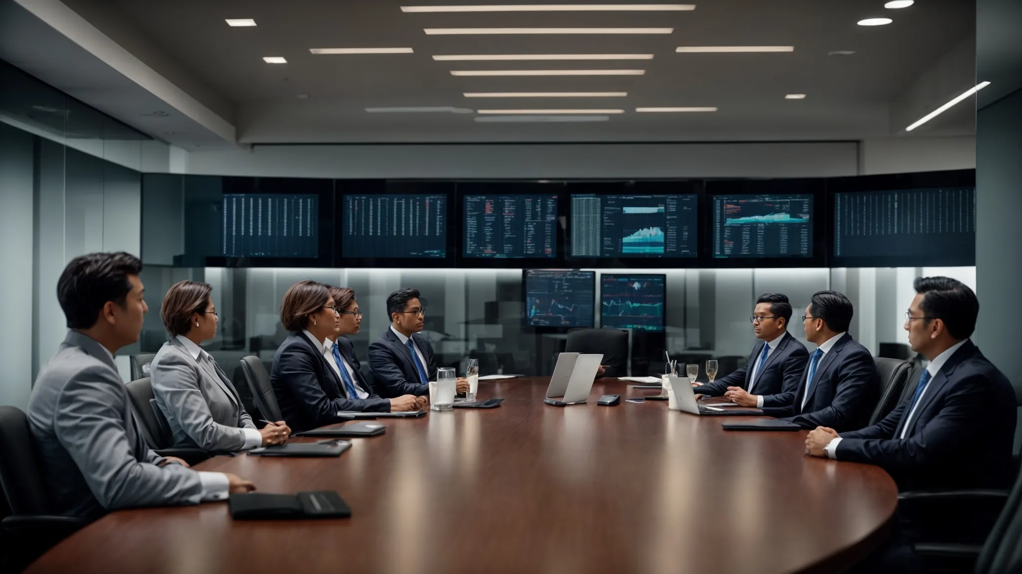 a corporate boardroom with executives analyzing data dashboards on multiple screens.