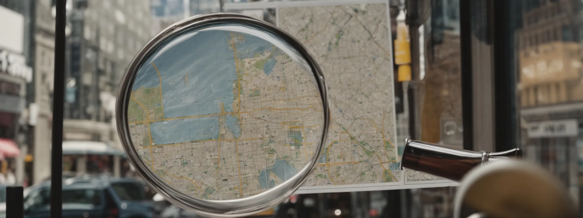 a magnifying glass hovering over a map pinpointing a bustling storefront amidst a digital grid.