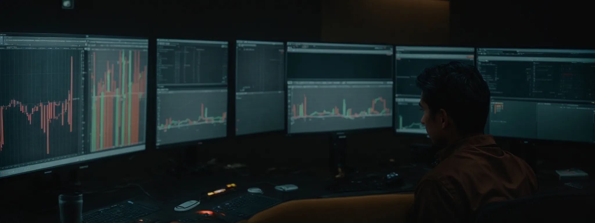 a person sitting in front of multiple computer monitors displaying analytics and website data.