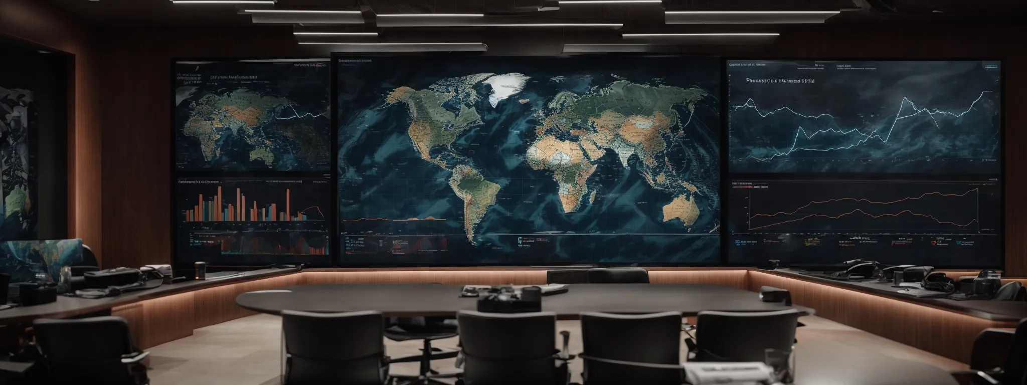 a broad conference room with a large screen display showing graphs and world maps, signifying global market analysis.