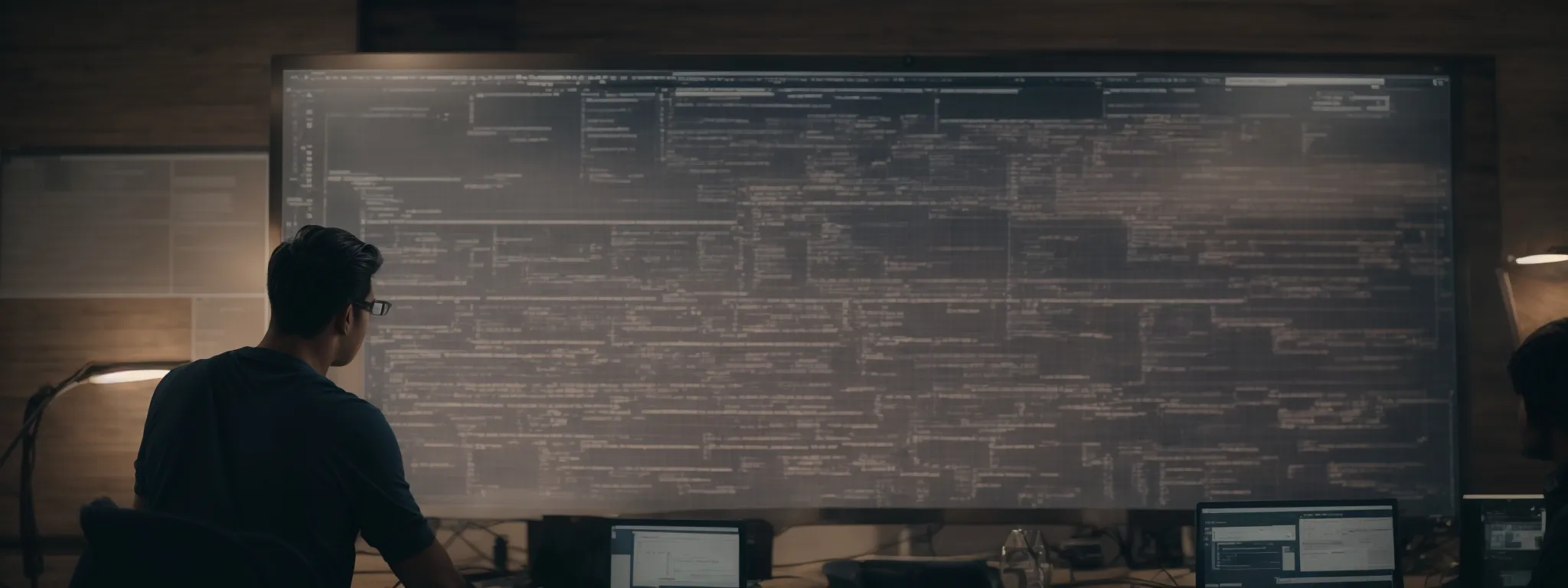 a web developer analyzes a sprawling flowchart on a large monitor, optimizing the website architecture.