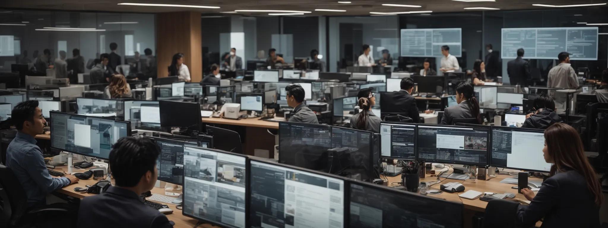 a bustling modern office with diverse team members intently focused on large computer screens showcasing social media analytics and customer feedback forums.
