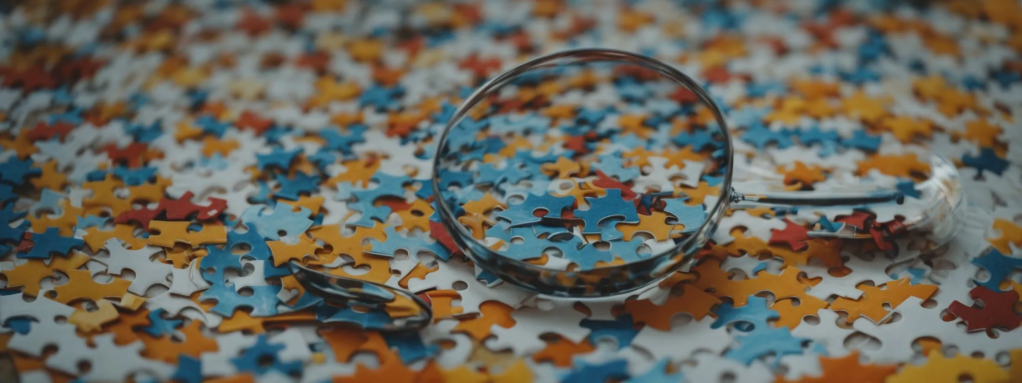 a magnifying glass hovering over a jigsaw puzzle with missing pieces.