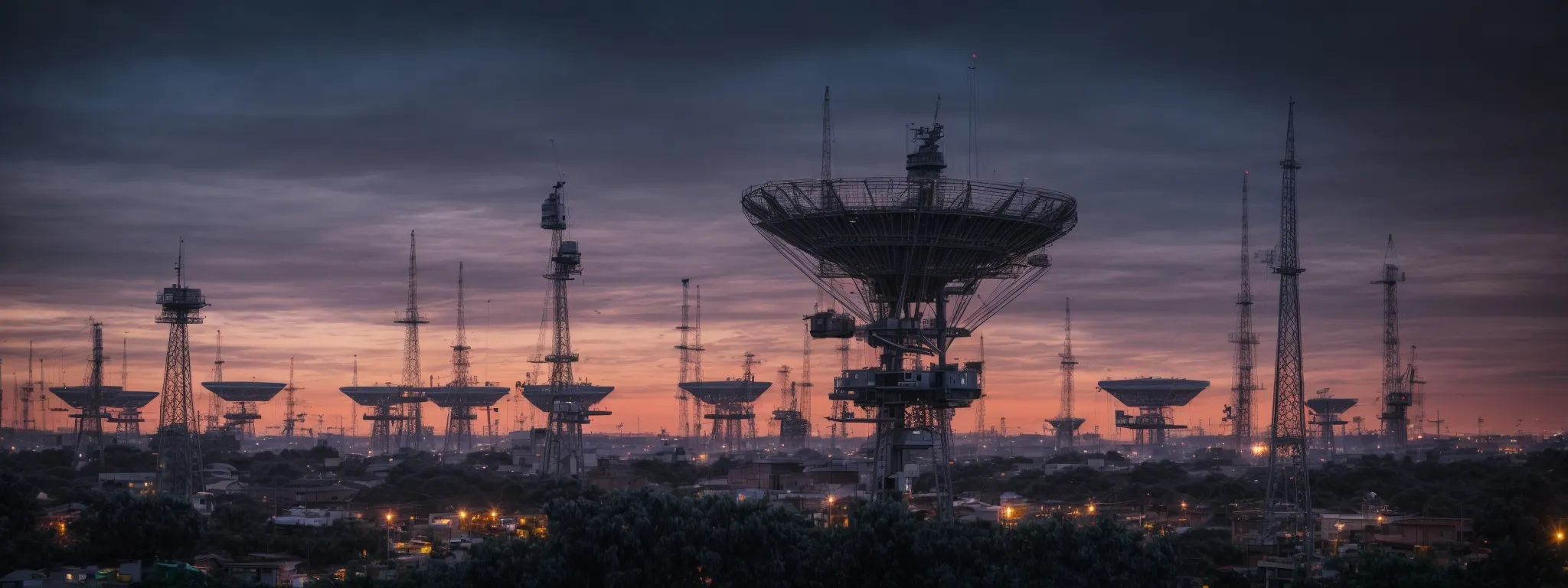 a skyline with antennas and satellite dishes against a twilight sky, symbolizing global connectivity and digital infrastructure.