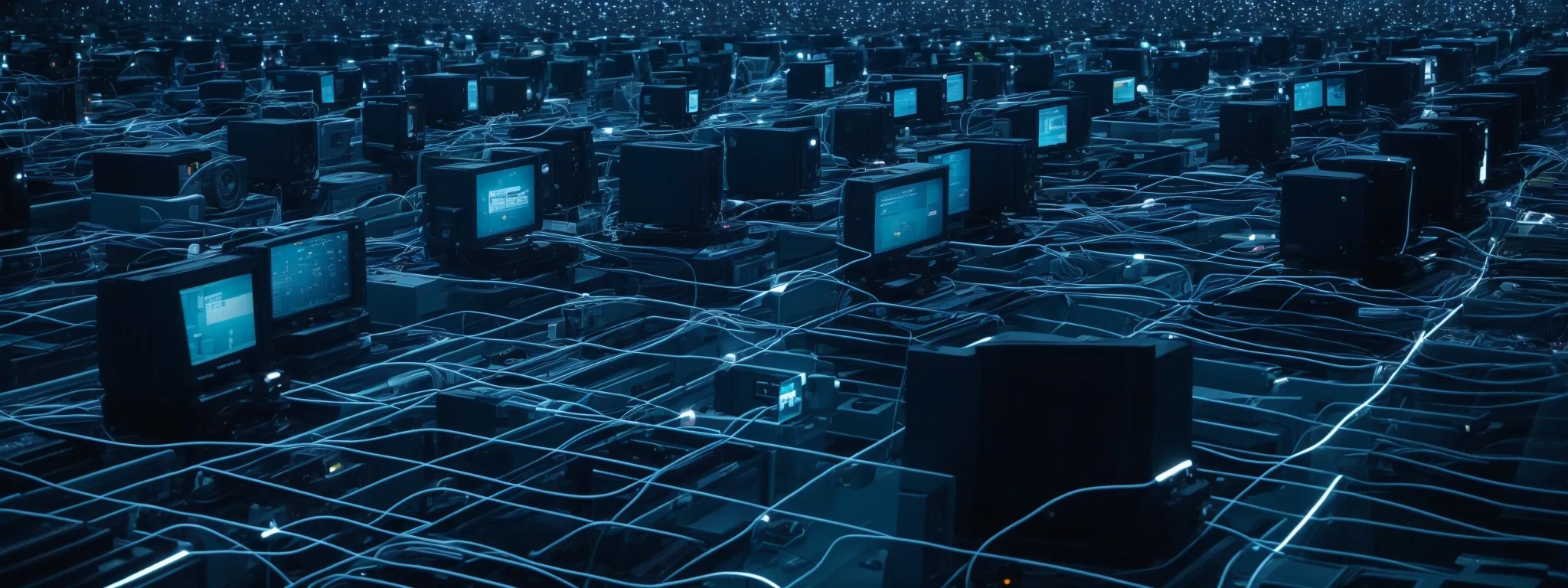a webmaster casts digital anchors across a sea of interconnected computers, symbolizing strategic link building in the vast ocean of seo.