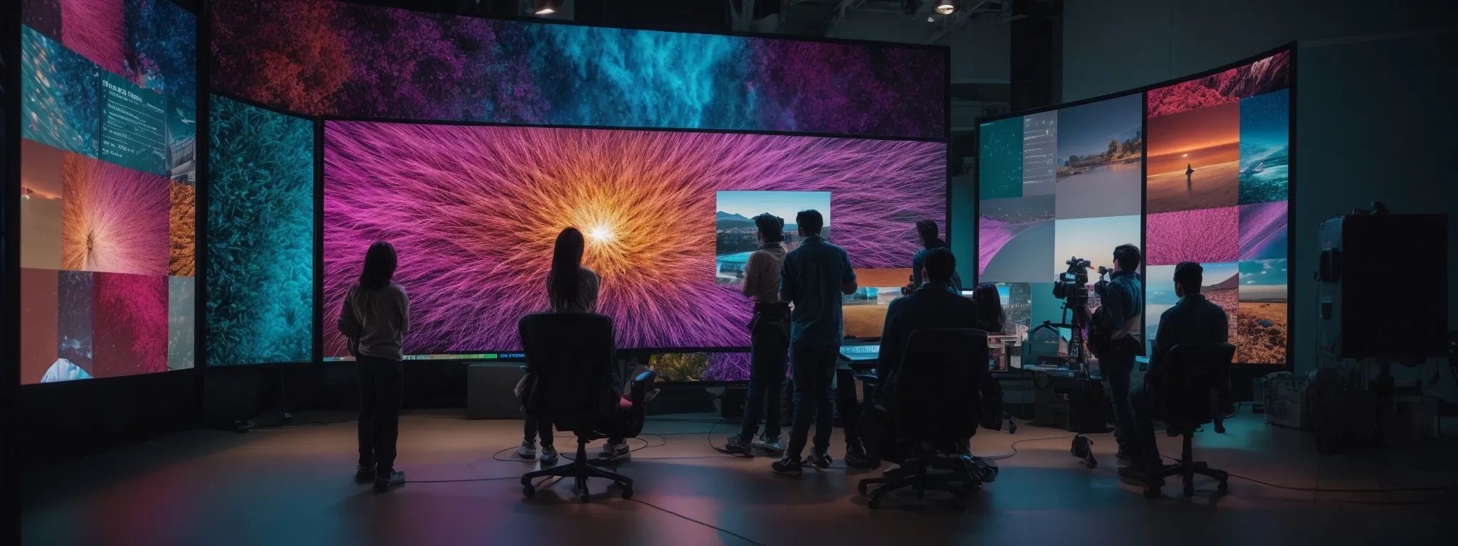 a creative team collaborates around a large, bright digital screen displaying a colorful website interface.
