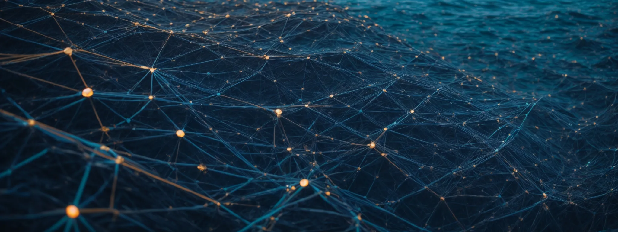 a digital ocean with a vast network of interconnected nodes and data streams, symbolizing google's complex ranking algorithms.