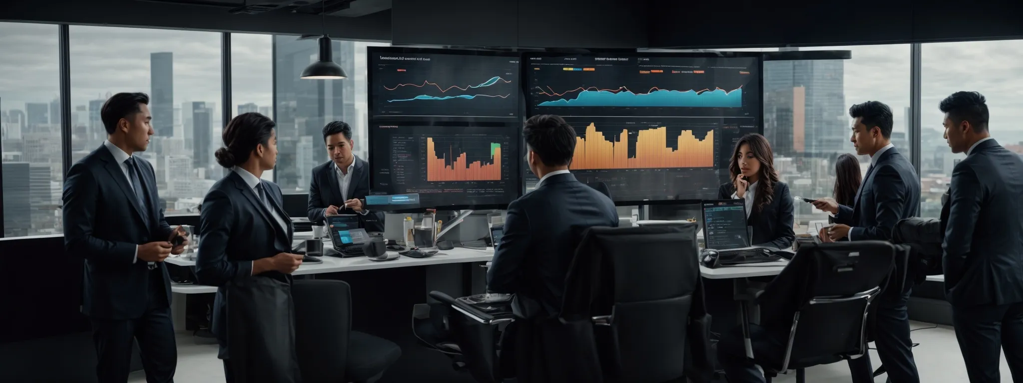 a dynamic group of professionals gathers around a sleek, high-tech dashboard displaying real-time sales analytics and progress charts.