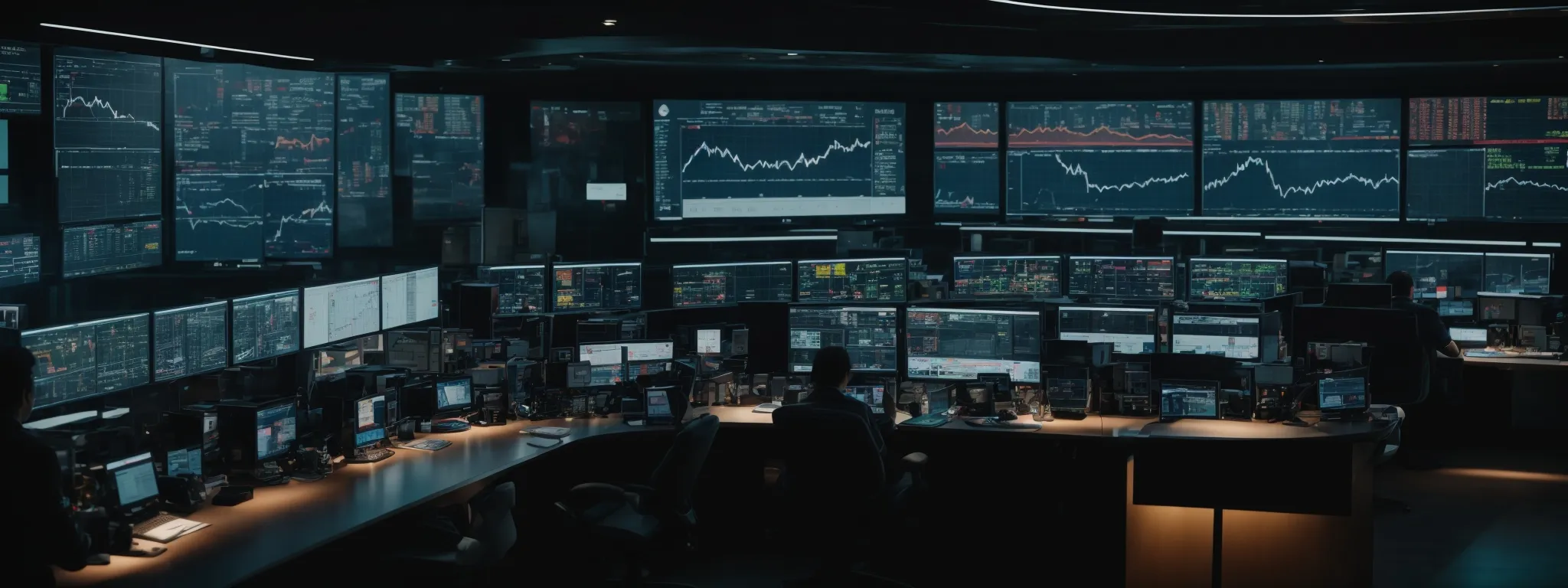  a sprawling, digitized control room with screens displaying graphs and geographic traffic data amid a team focusedly analyzing seo results.