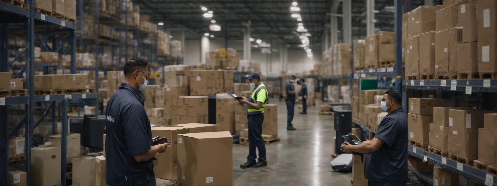 a warehouse manager oversees a bustling distribution center where workers equipped with handheld devices scan barcodes on boxes, seamlessly updating inventory levels in real-time.