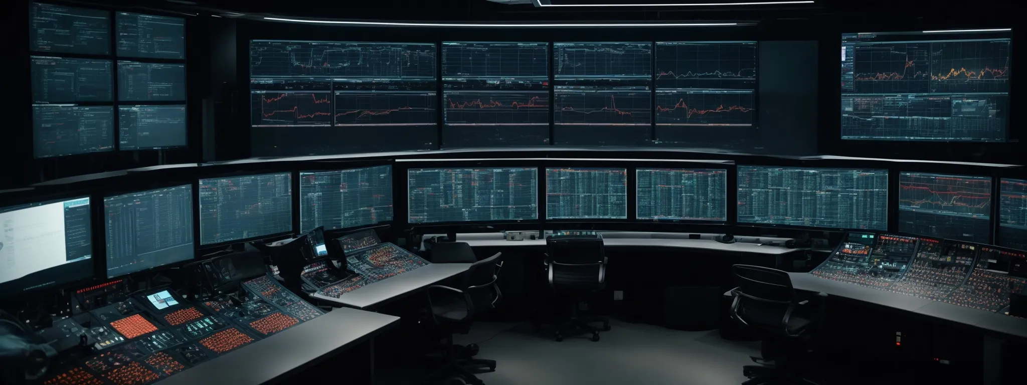 a high-tech control room with multiple screens displaying data analytics and digital interfaces.