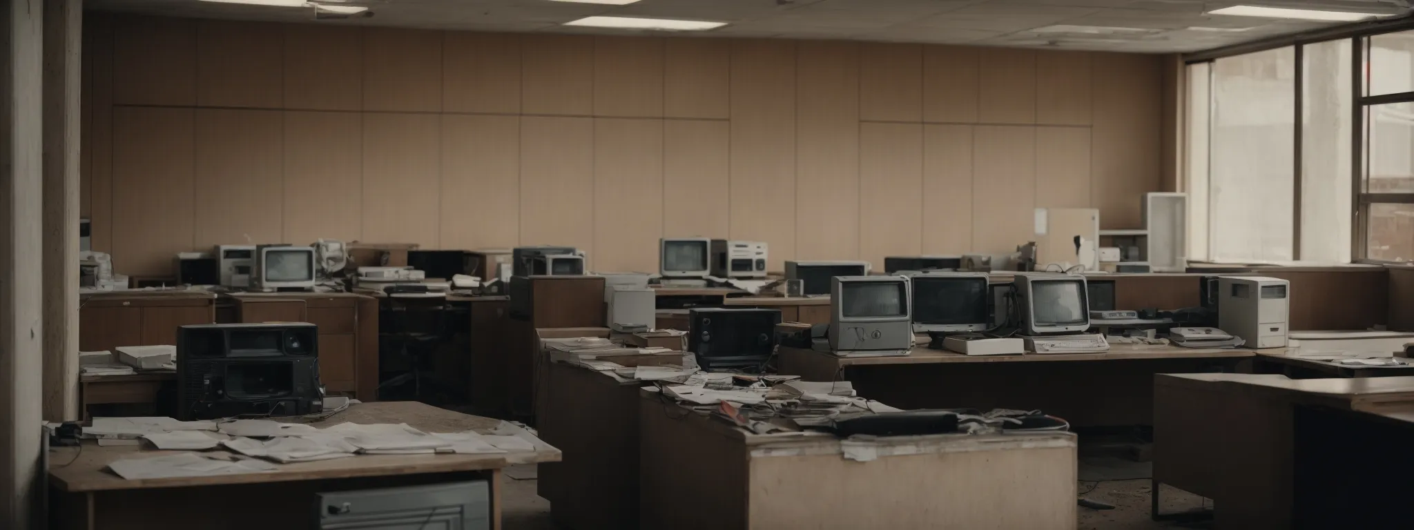 a deserted office with an old, dust-covered computer symbolizing the abandonment of unethical seo practices.