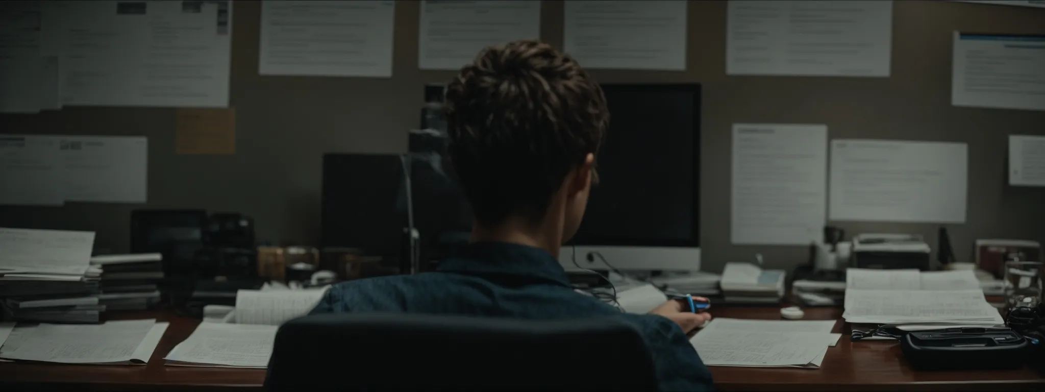 a person sits at a desk, intently focused on a computer screen surrounded by notes, highlighting the concentration required for quality content creation.