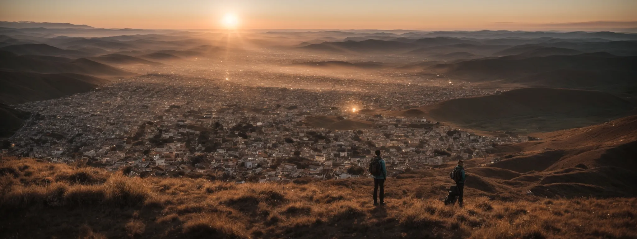 a figure stands at the edge of a vast digital landscape, dotted with icons representing various seo tools, as the sun rises on the horizon of the internet world.