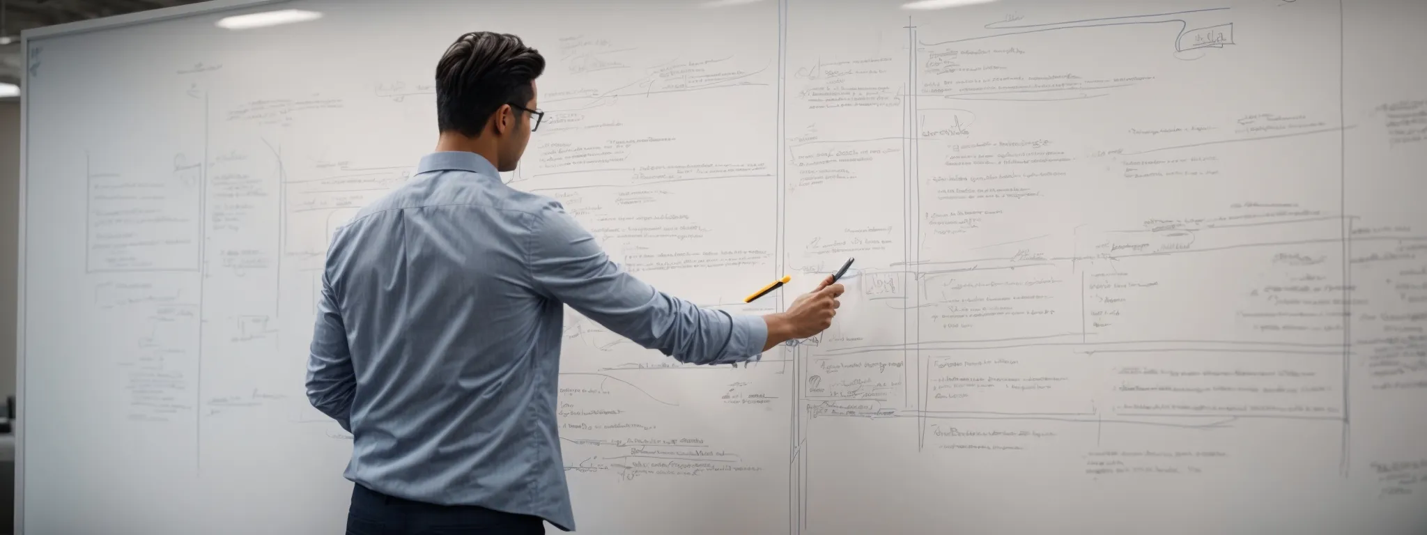 a marketer sketches a user-friendly website layout on a whiteboard, integrating seo best practices with clear navigation paths.