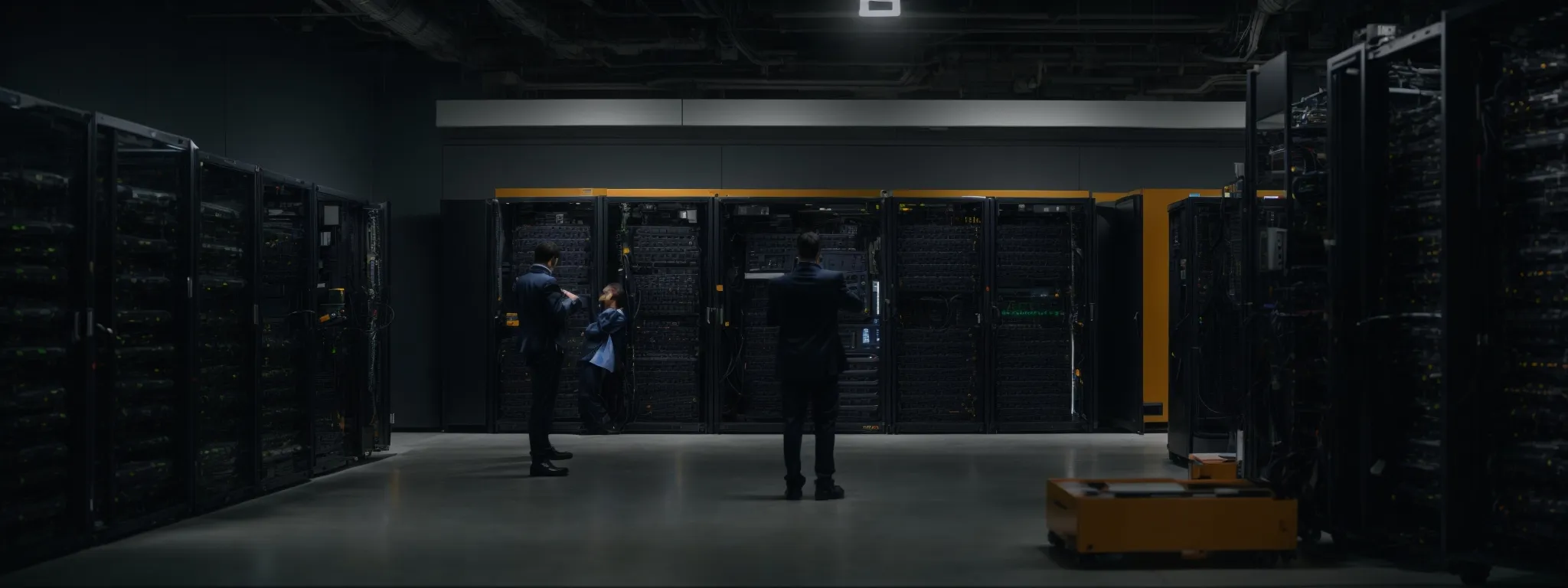 a team of professionals is configuring a secure server rack in a data center.