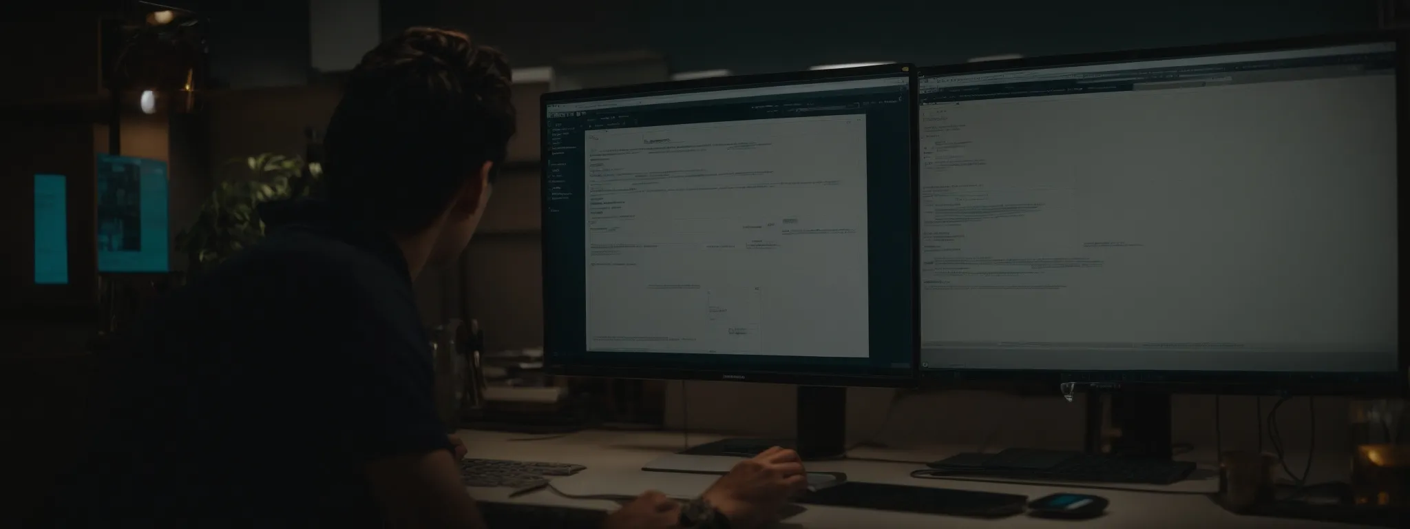 a person sitting at a computer desk with a web diagram displayed on the screen, symbolizing the planning of a website's structure for xml sitemap submission.