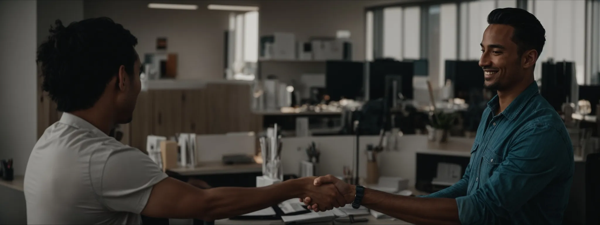 two professionals shake hands in a well-lit office, symbolizing a partnership agreement.