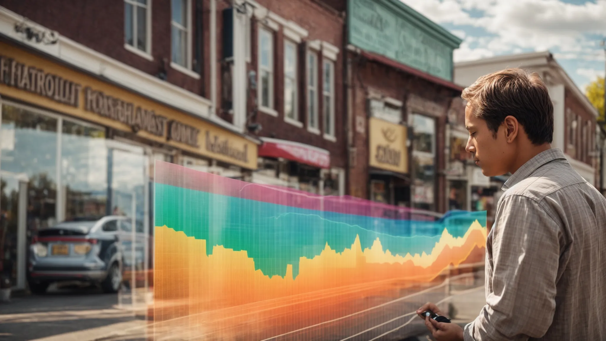 a local business owner examines a colorful graph showing website traffic increases against a backdrop of a bustling small-town main street.