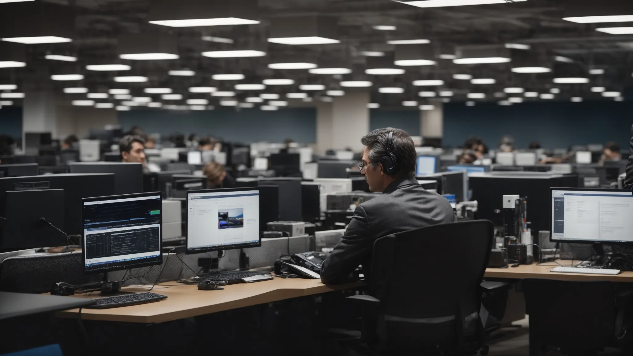 a tech journalist interviews google's john mueller amidst rows of computers in a modern office environment.