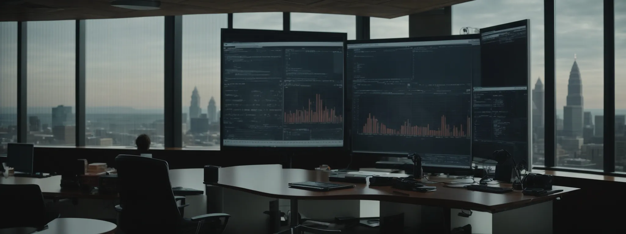 a person analyzing complex digital analytics on a large computer screen in a modern office overlooking the cleveland skyline.