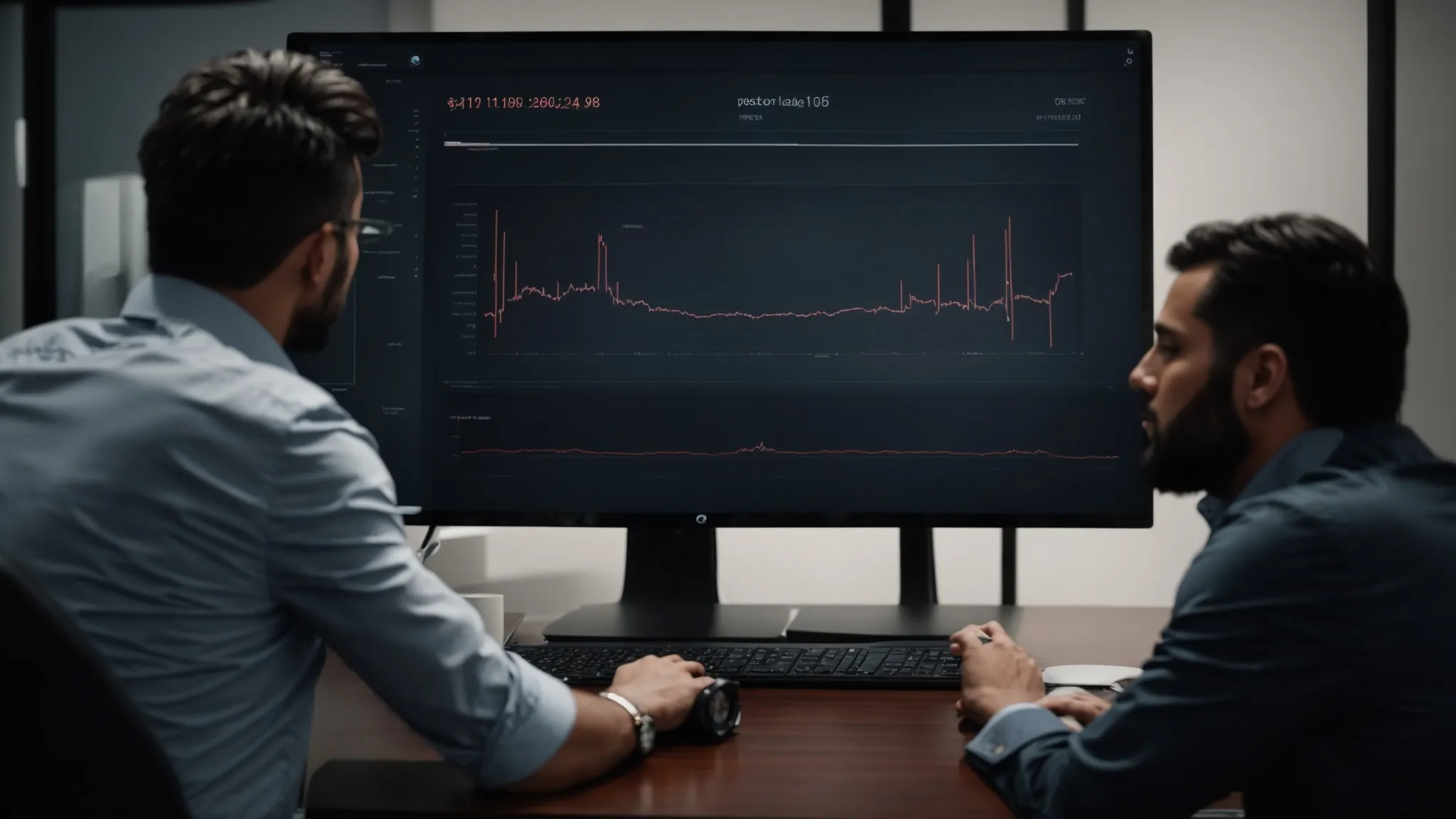 a professional meeting with two individuals analyzing an seo performance graph on a computer screen.