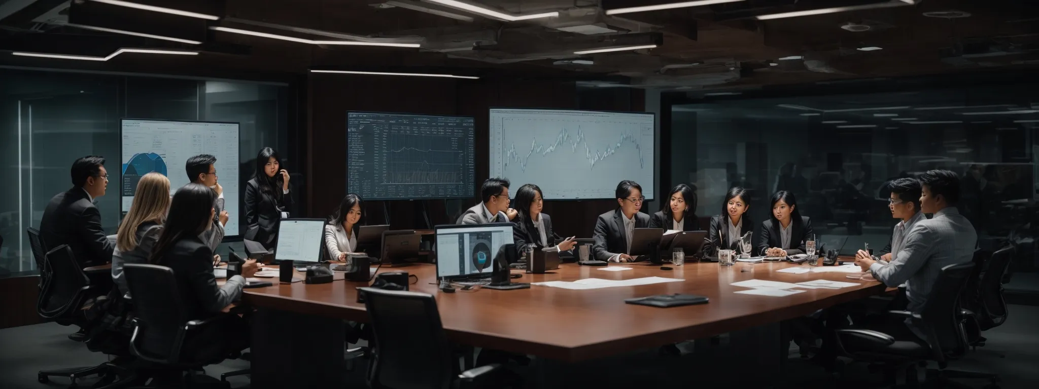 a group of professionals gathered around a conference table, poring over charts and digital analytics on a large screen.