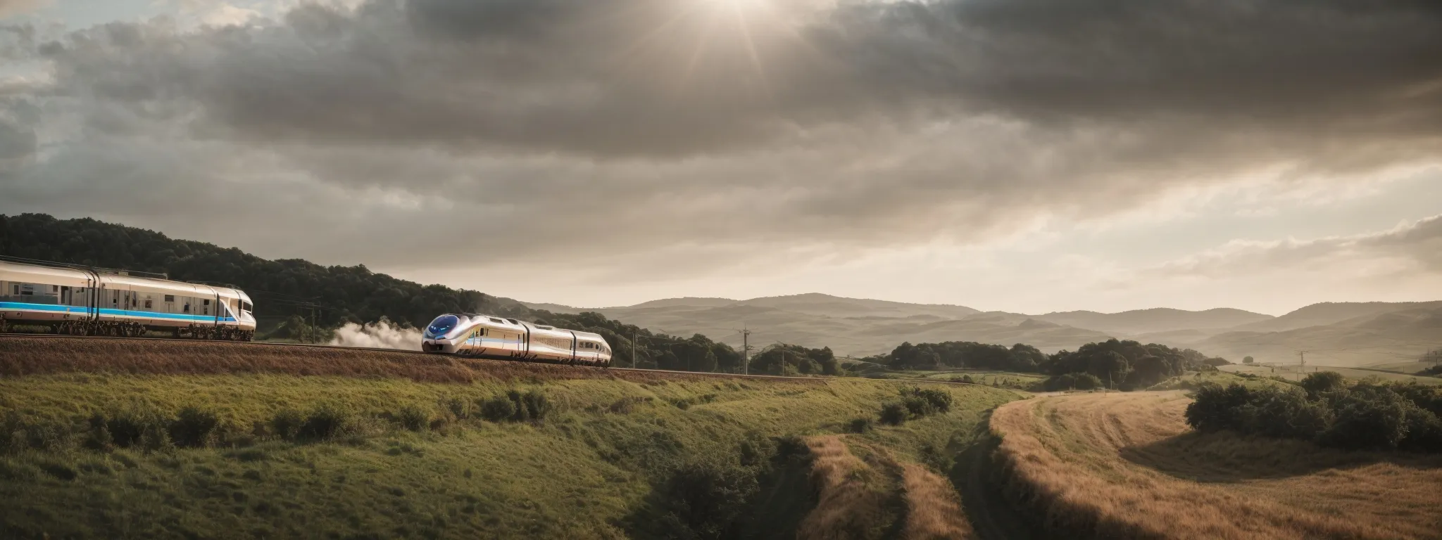 a high-speed train rushing through the countryside, symbolizing rapid and efficient performance in tech optimization.
