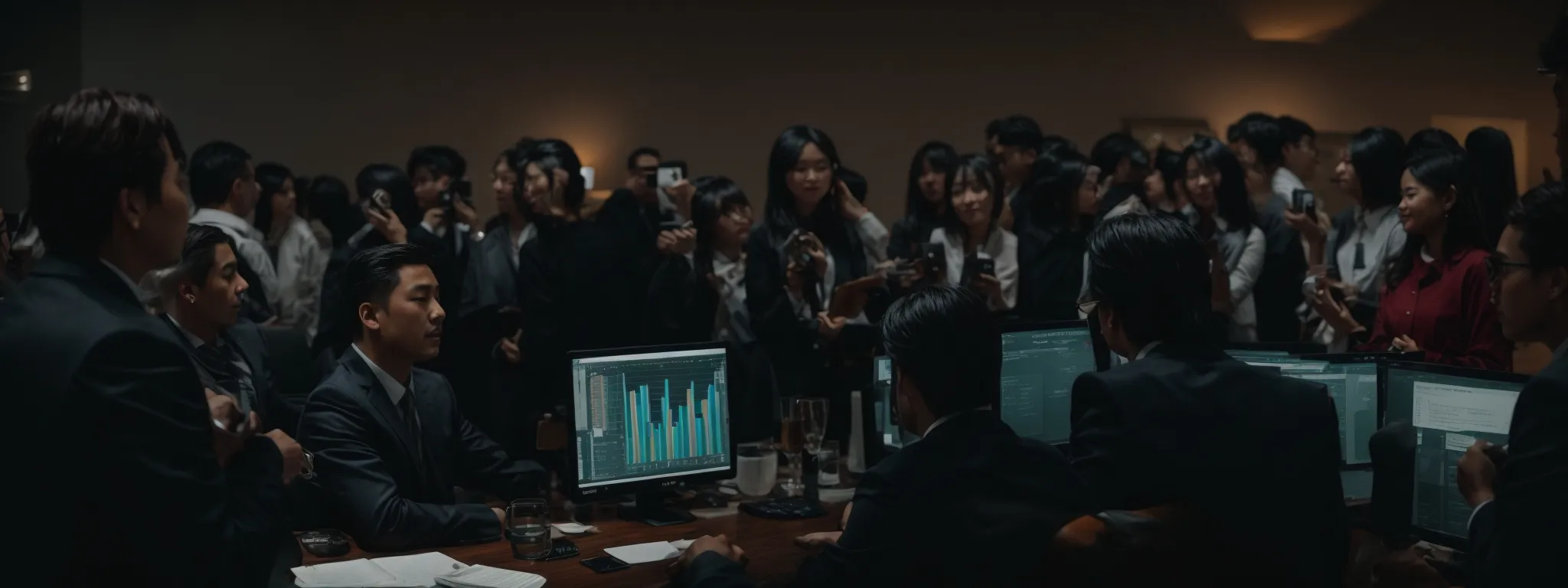 a group of professionals celebrating around a computer displaying a rising analytics graph.