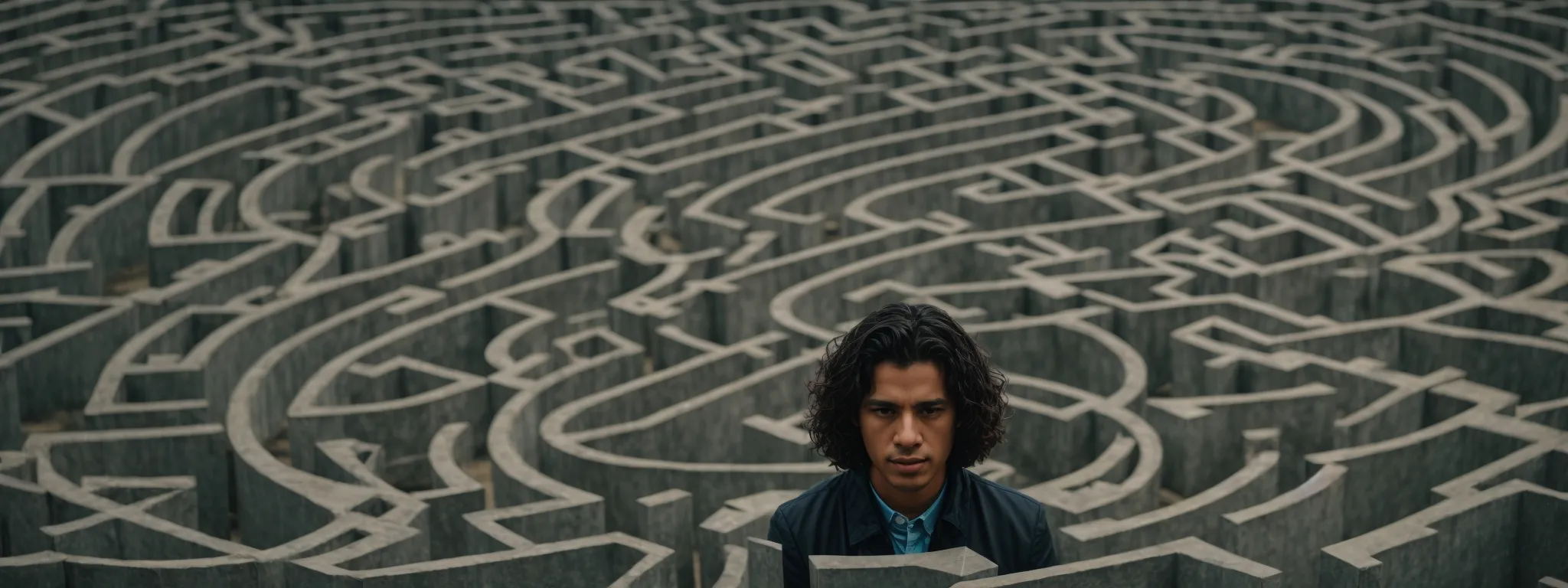 a puzzled business owner stands before a maze, symbolizing the complexity of diagnosing a google search penalty.