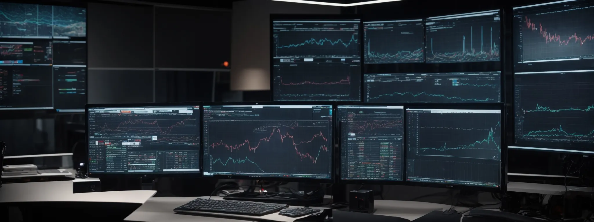 a sophisticated command center with multiple monitors displaying graphs and data analysis in real-time.