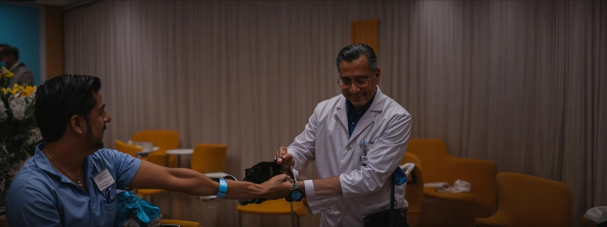 a veterinarian shaking hands with a pet blogger at a pet care conference.