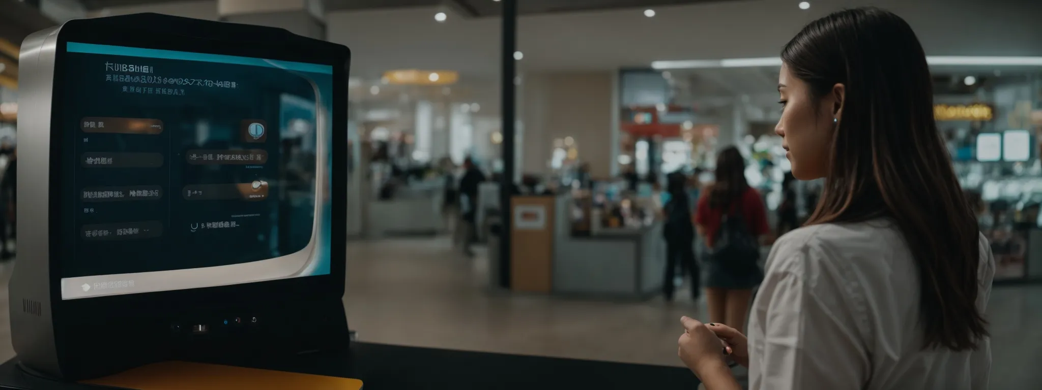 a customer touches an interactive kiosk for assistance while an ai chatbot window pops up on the screen.