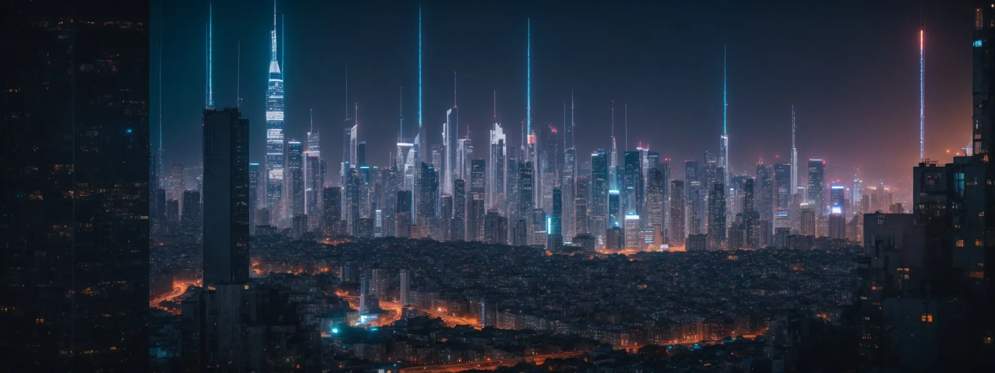a futuristic cityscape illuminates the night, symbolizing the intertwining of technology and progress.