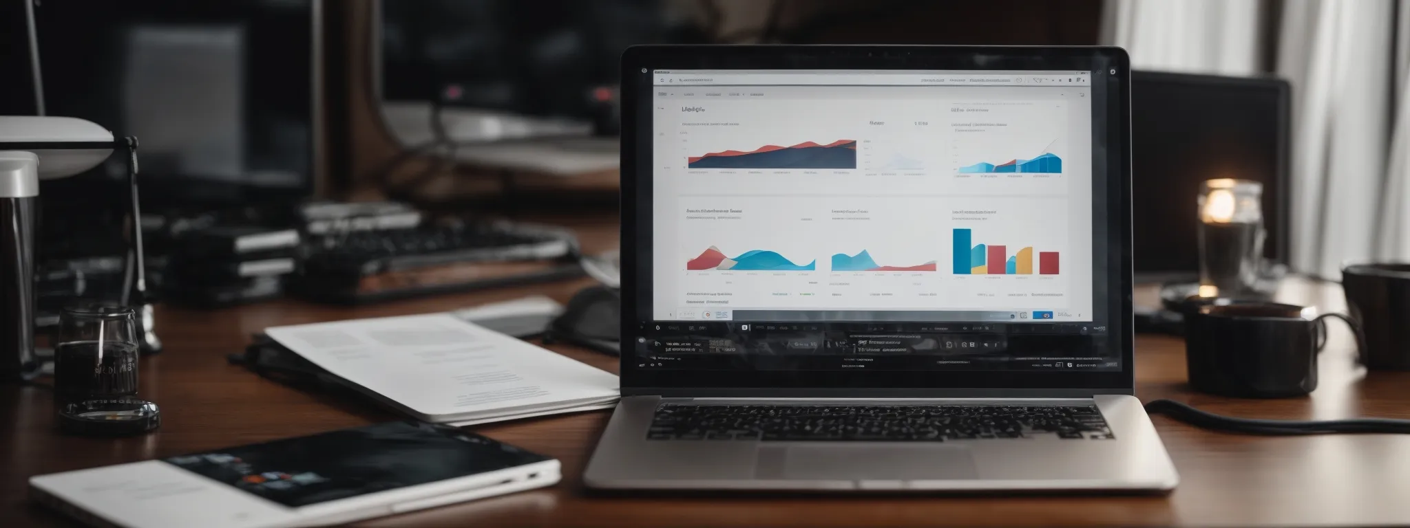 a laptop on a desk displaying graphs and analytics alongside ecommerce website pages.