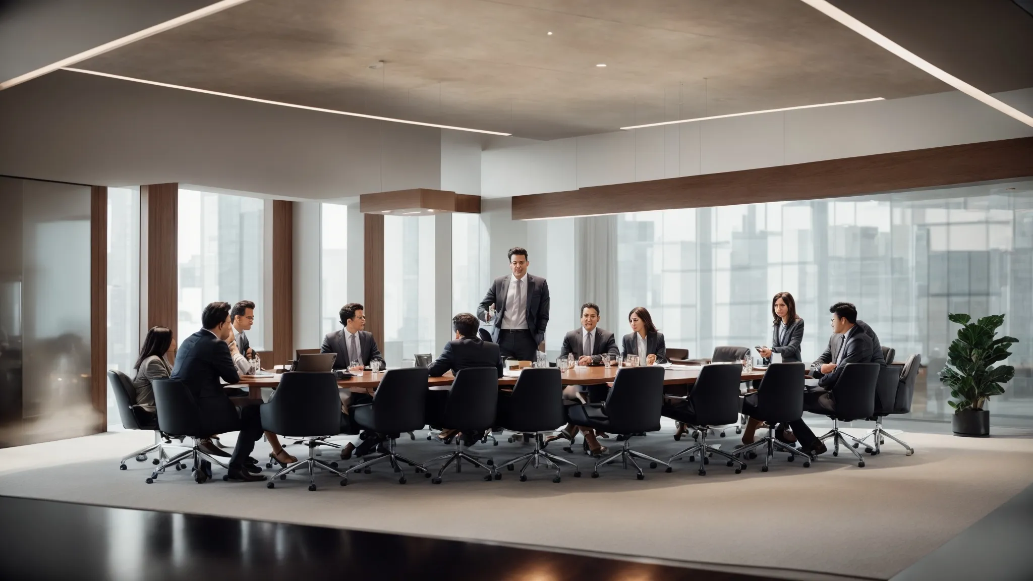 a business meeting with marketing professionals discussing strategy over a modern, sleek conference table.