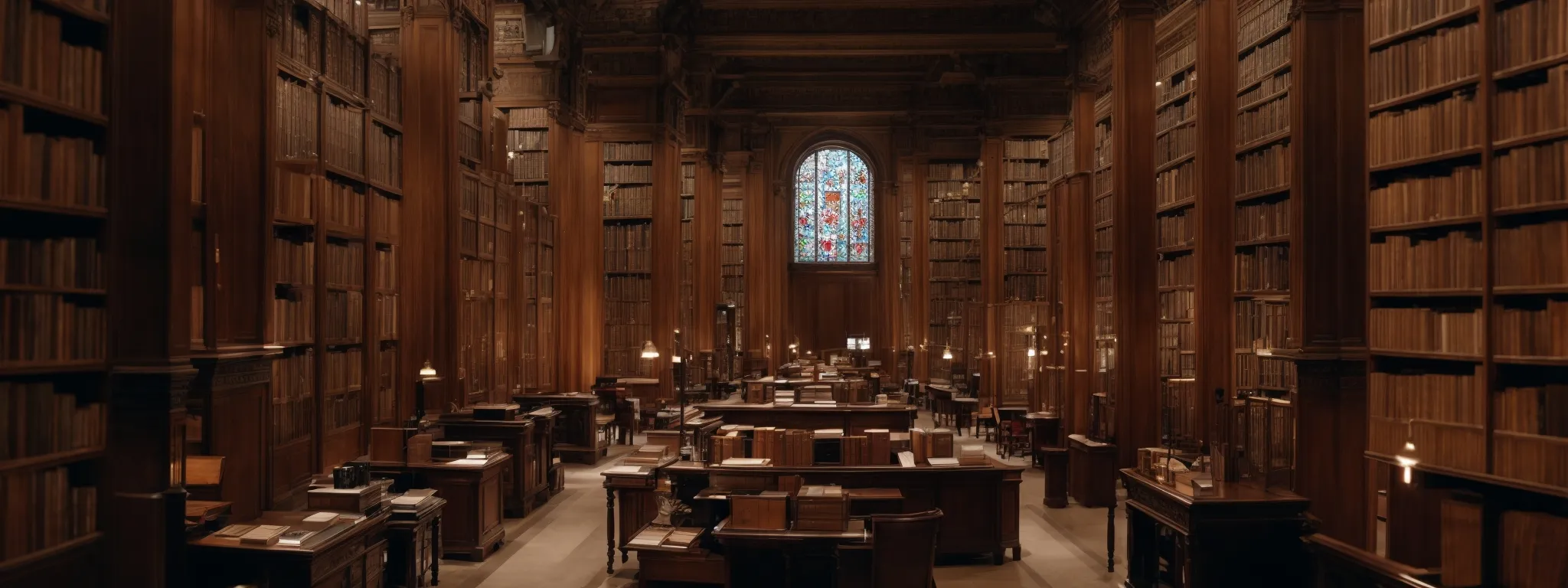 a vast library with an elaborate card catalog system and interconnected bookshelves.