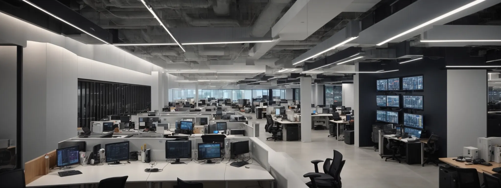 a wide-angle view of a modern, bustling corporate office with rows of computers hinting at sophisticated digital operations.