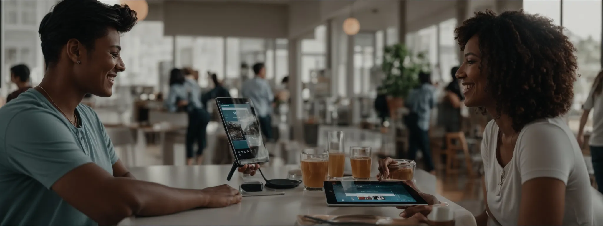 a satisfied customer cheerfully interacts with a user-friendly digital interface on a tablet in a bright, modern setting.